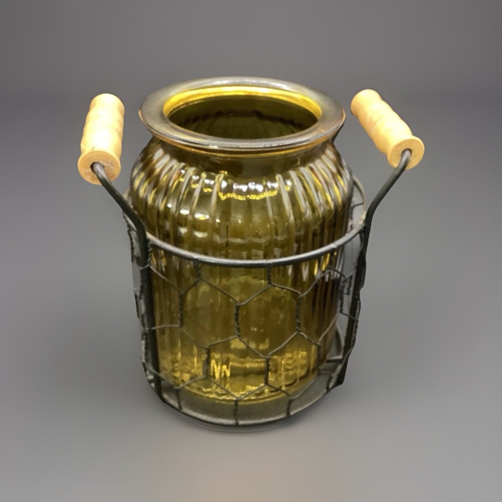 Vtg Amber Glass Vase & Caddy W/ Handles Kitchen & Home Decor 6.5" Tall